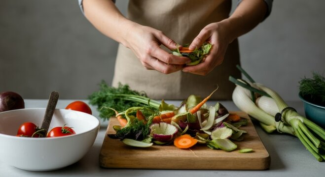 Hands preparing vegetable scraps for broth, highlighting zero-waste cooking practices with an emphasis on reuse and sustainability.