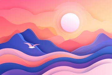 Vibrant abstract sunset with mountains and soaring bird in pastel hues