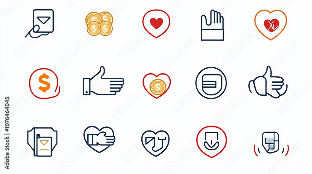 Poster Captivating collection of charity and philanthropy icons including handshakes open hands with coins and heart symbols in a dynamic format  These versatile design elements convey the essence of giving