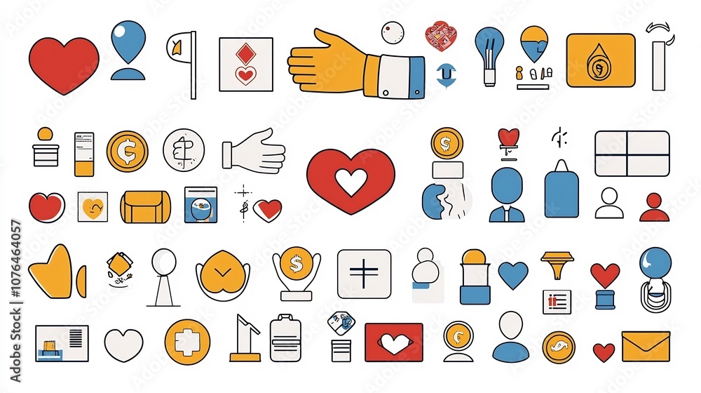 Poster comprehensive collection of icons representing the concepts of charity philanthropy and community se