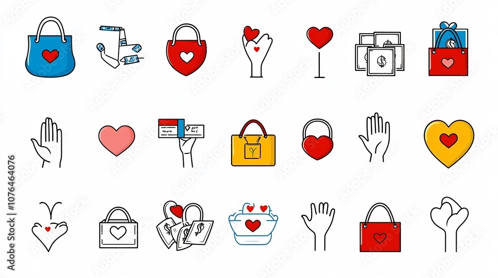 Poster minimalist and stylized icons symbolizing charitable donation fundraising and community support perf