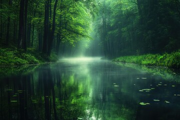 Fototapeta premium Misty Forest Stream with Sunbeams Breaking Through the Canopy