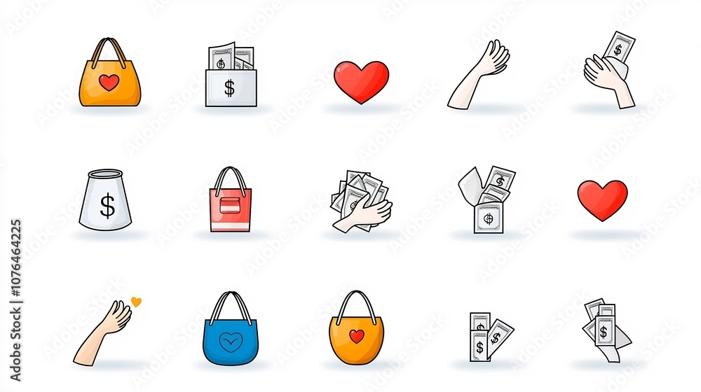 Poster minimalist icons symbolizing the act of donation charitable giving and community support includes ic
