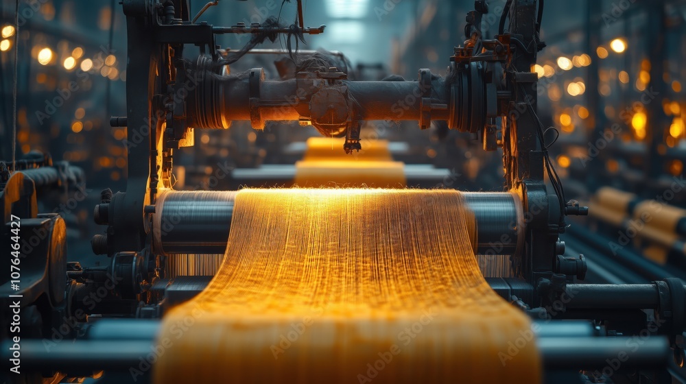Aufkleber textile weaving machine with illuminated fabric. close-up of a textile weaving machine producing fab