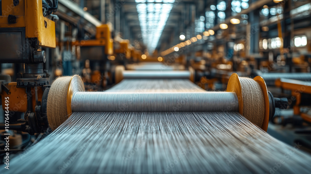 Poster yarn spools on industrial weaving machine. rows of yarn spools on a textile weaving machine in a fac