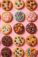 pattern top view of variety of colorful cookies with chocolate chips, sprinkles, and candy on top, laid out in rows against a pastel solid background, in the style of product photography