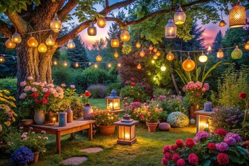 Fototapeta premium Enchanting Low Light Garden Decor: Whimsical Outdoor Lighting Ideas for a Fun and Inviting Atmosphere in Your Backyard Oasis