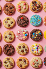 pattern top view of variety of colorful cookies with chocolate chips, sprinkles, and candy on top, laid out in rows against a pastel solid background, in the style of product photography