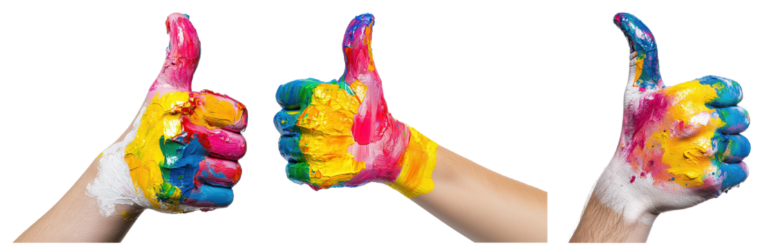 Brightly colored thumbs up expresses joy and creativity