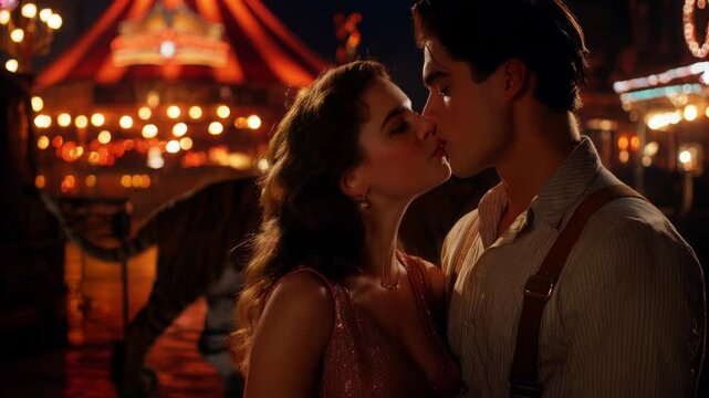 Romantic Kissing Scene in 1950s Style &ndash; Vintage Love Captured with Classic Fashion, Retro Setting, and Timeless Passion