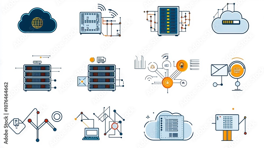 Aufkleber Set of icons representing cloud computing and network hosting services including symbols like data clouds servers