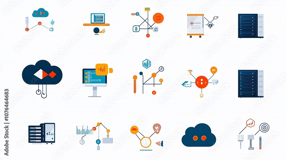 Aufkleber Set of cloud computing and network hosting icons in format including symbols such as data clouds servers and connection nodes representing the infrastructure and services of modern IT technology