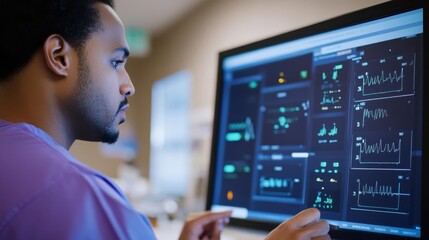 Obraz premium Healthcare specialist examining diagnostic data on floating screen, clinical setting, medical tech, interface