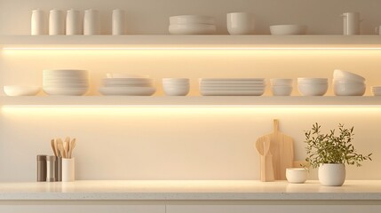 Minimalist Kitchen Shelves Displaying Essential Dishes and Utensils in Functional Simplicity