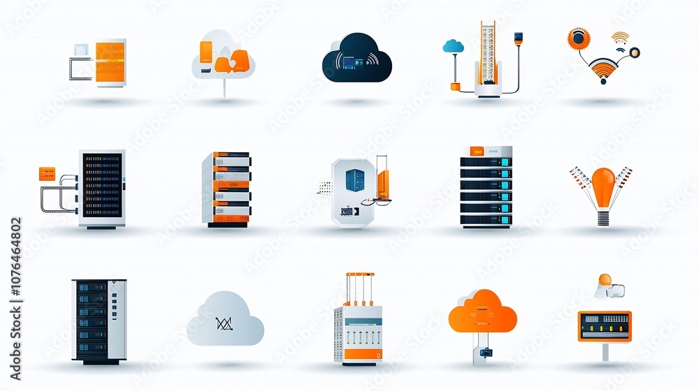 Aufkleber Collection of icons representing various aspects of hosting and cloud computing services including servers cloud storage data networks