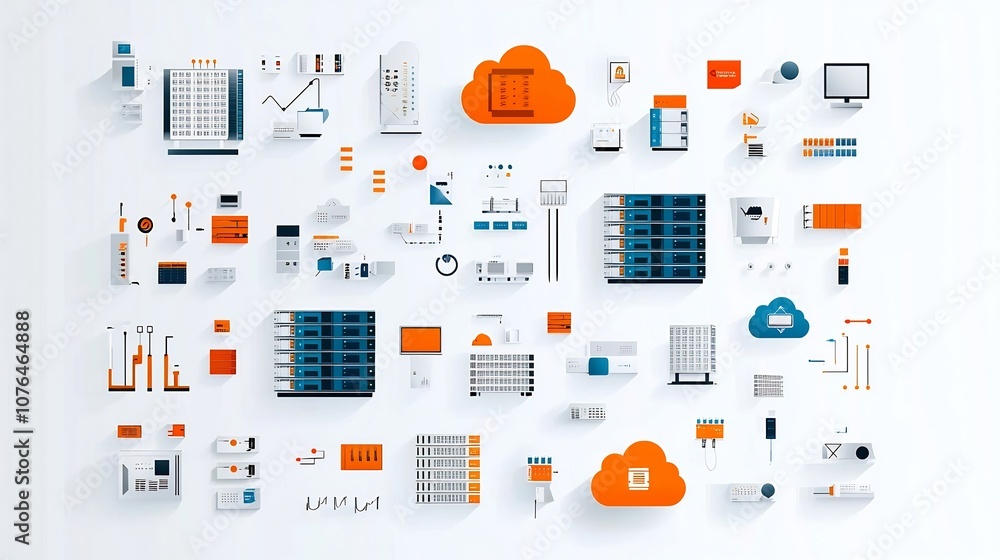 Poster Comprehensive set of icons depicting servers cloud storage and data networks perfect for creating digital technology and IT themed designs projects and marketing materials