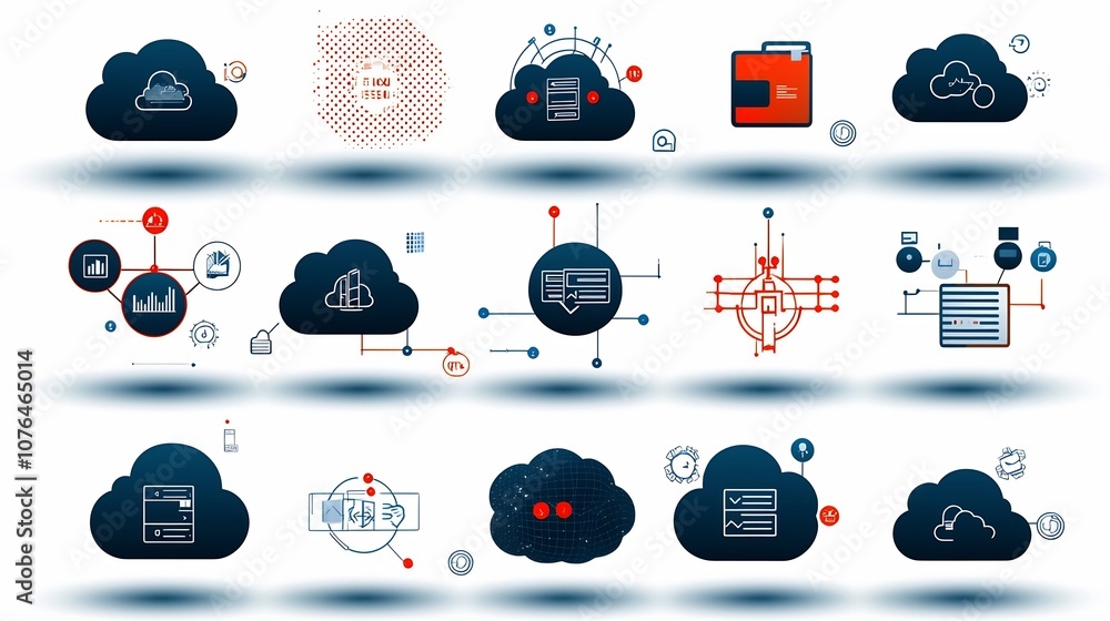 Aufkleber A set of modern icons illustrating various aspects of cloud computing including cloud networks file sharing and data protection capabilities  These icons are designed in a clean