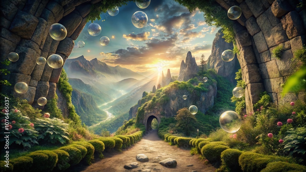 Aufkleber enchanting mountain corridor with ethereal bubbles for conceptual banners and 4k loop stock video, p