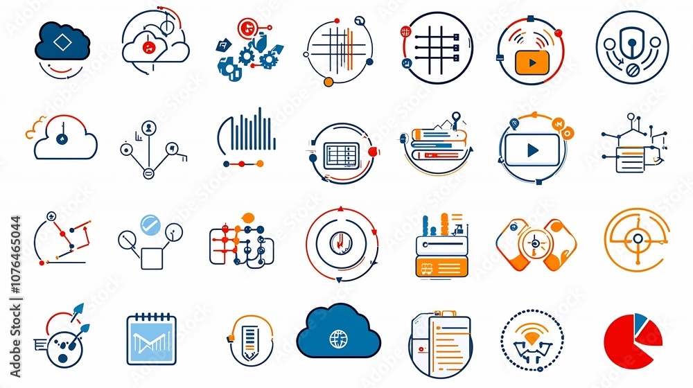 Poster Collection of modern icons representing various cloud computing concepts and services including cloud networks file sharing data protection and other digital technology symbols for business