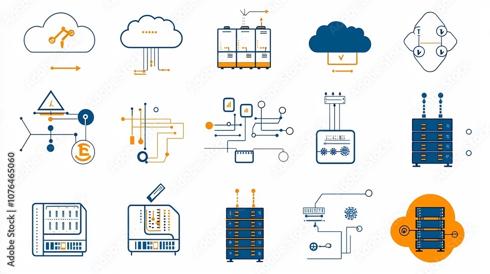Aufkleber Comprehensive cloud server database and digital connection icon set for modern technology infrastructure and hosting solutions  Featuring scalable flexible