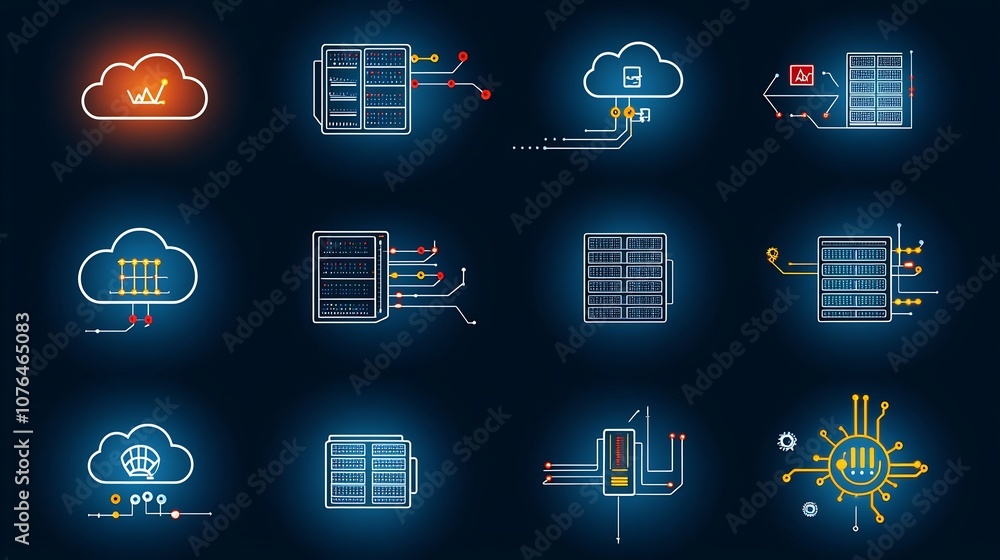 Poster Hosting and Cloud Network Icon Set in Featuring Cloud Servers Database Icons and Digital Connections for Technology Internet and Data Infrastructure Solutions