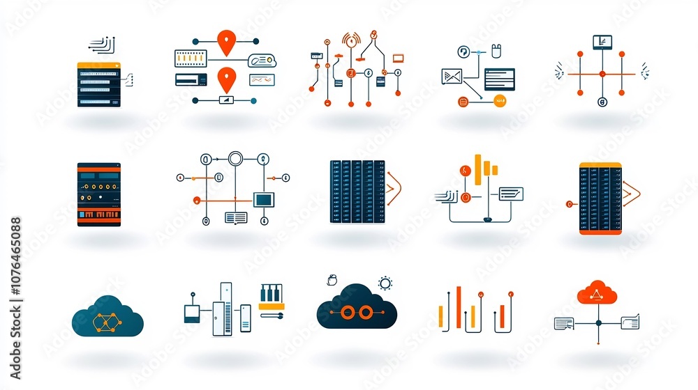 Poster Comprehensive hosting and cloud network icon set in a wide range of icons and symbols related to cloud servers database management digital connections