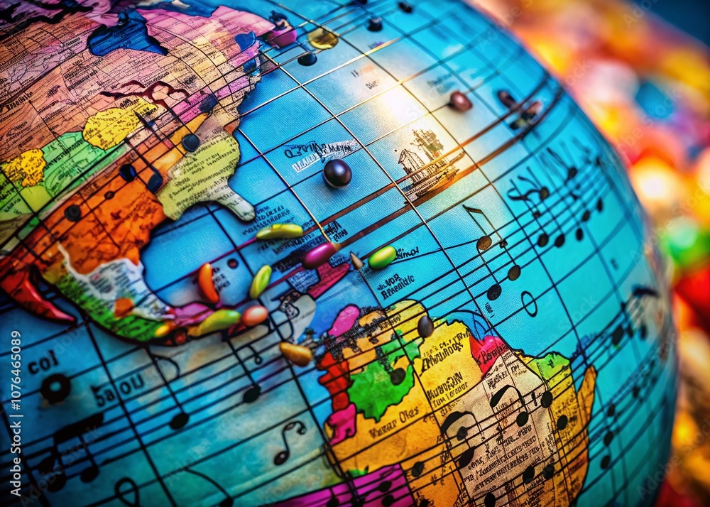 Poster enchanting musical globe with floating notes showcasing the diverse sounds of the world in a macro p