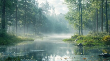 Fototapeta premium Foggy Forest River with Sun Rays and Fallen Leaves