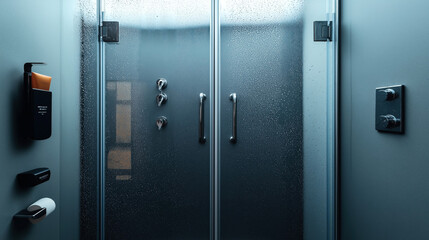 Modern bathroom shower with closed glass doors and water droplets, featuring soap dispensers and multiple shower knobs on gray walls.