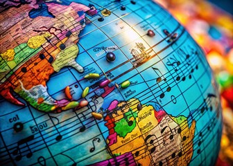 Obraz premium Enchanting Musical Globe with Floating Notes Showcasing the Diverse Sounds of the World in a Macro Photography Style for a Vibrant and Artistic Background