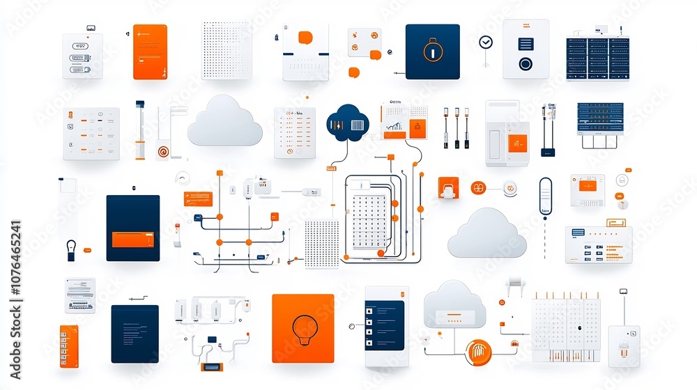 Aufkleber Minimalist and clean style icons representing various elements of cloud computing networks such as cloud storage encrypted data server connections and other digital technology infrastructure