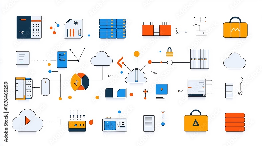 Poster Clean style icons representing cloud computing network elements such as cloud storage encrypted data and server connections for technology digital and business infrastructure solutions