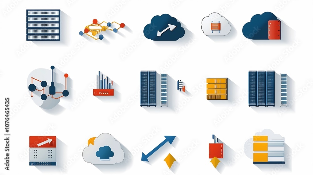Aufkleber Conceptual featuring a collection of icons representing hosting and cloud storage concepts including server racks cloud links and data downloadupload arrows