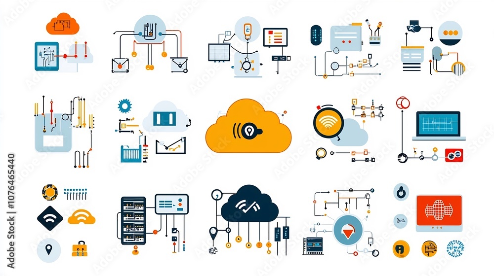 Fototapete Comprehensive cloud computing and hosting icon set in format featuring a variety of icons representing network nodes cloud security data exchange and other related technology concepts