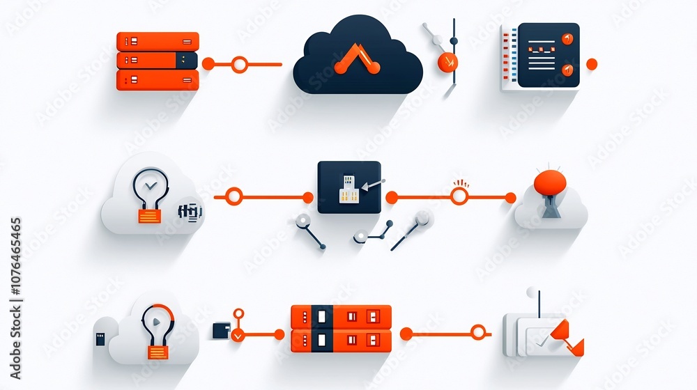 Aufkleber Comprehensive Icon Collection Showcasing Cloud Storage and Hosting Elements such as Secure Cloud Data Transfer and Network Links for Representing Digital Connectivity