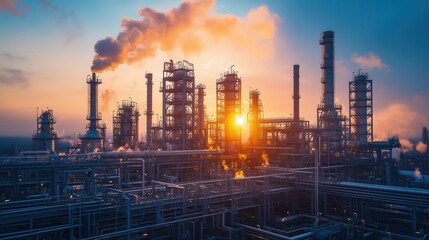 Obraz premium Oil refinery with smoke at sunrise. Oil refinery emitting smoke at sunrise, showcasing large-scale industrial energy production and environmental impact under morning light.