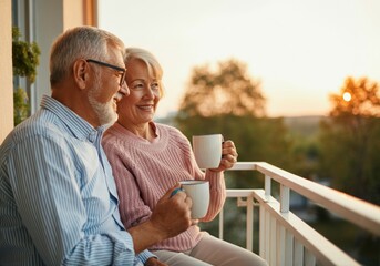 Senior couple enjoying tea at sunset on a balcony