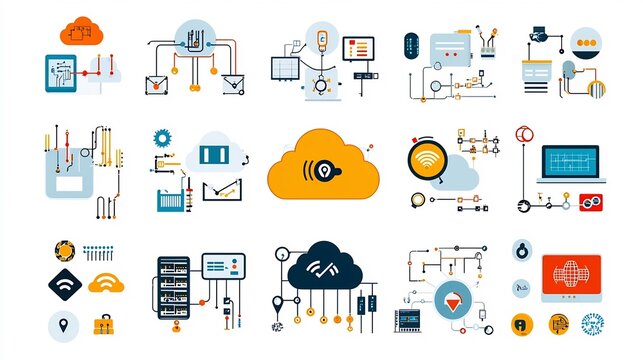 Comprehensive cloud computing and hosting icon set in format featuring a variety of icons representing network nodes cloud security data exchange and other related technology concepts
