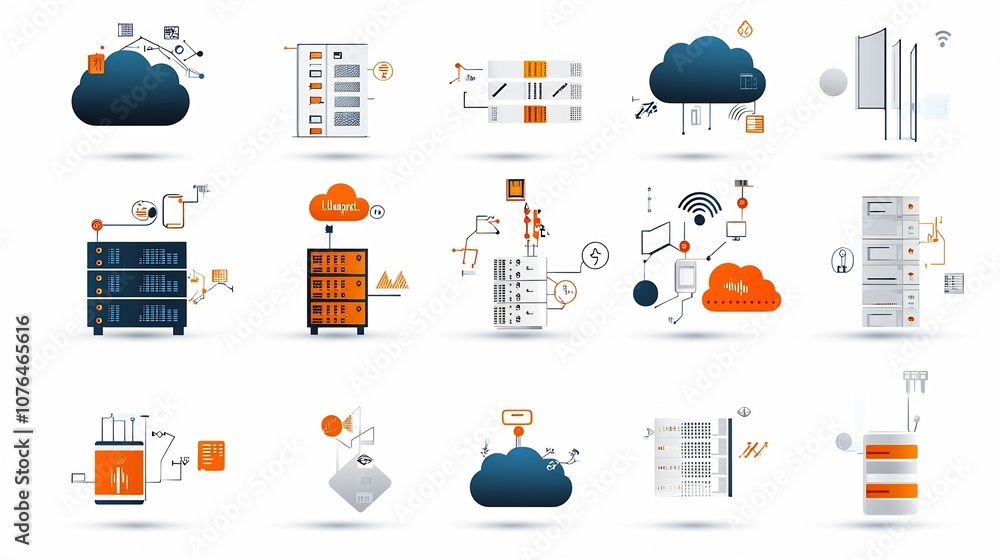 Aufkleber Set of icons illustrating various hosting and cloud network concepts such as virtual servers digital data flow cloud sync and other technology infrastructure elements
