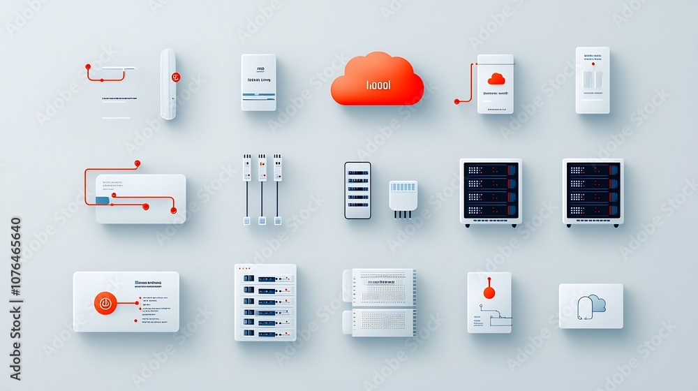 Poster Comprehensive set of icons depicting the essential elements of hosting and cloud network services including cloud sync virtual servers digital data flow
