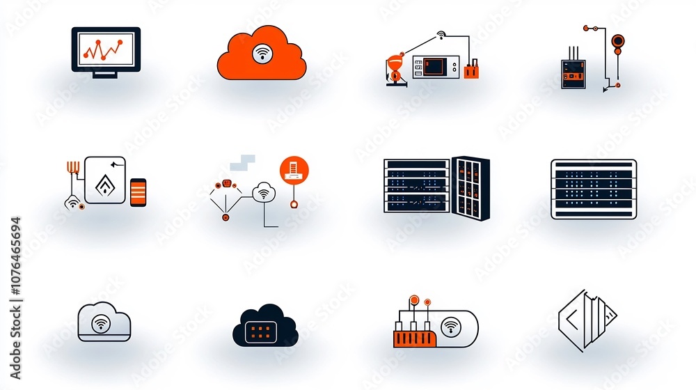 Fototapete Comprehensive collection of icons representing various aspects of cloud computing and hosting services including connected devices database clouds secure connections