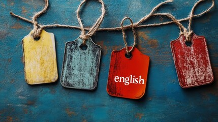 English Language Learning Tags: Colorful wooden tags strung together, one reading "English," symbolize language learning and cultural exploration.