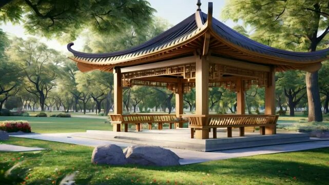 A serene wooden pavilion in a lush park, surrounded by trees and flowers.