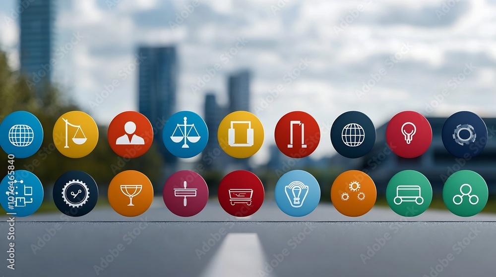 Poster minimalist of pixel perfect 64x64 icons with editable stroke depicting sectors of society including 