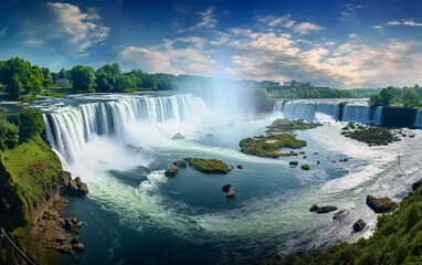 A stunning panoramic view of a waterfall surrounded by lush greenery and a serene river.