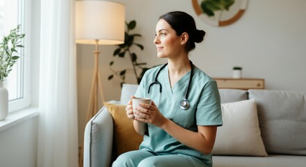 Nurse relaxing with coffee in modern living room, peaceful break moment