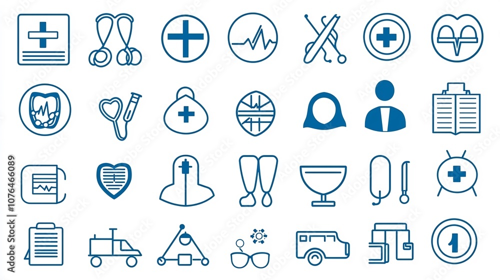 Poster Comprehensive line icon collection in a pixel perfect 64x64 format with editable stroke featuring a wide range of symbols and pictograms for healthcare education public safety