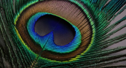 Close-up of vibrant peacock feather with iridescent colors and detailed texture