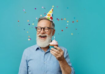 Joyful senior man celebrating birthday with cupcake and party hat on blue background with confetti - Powered by Adobe