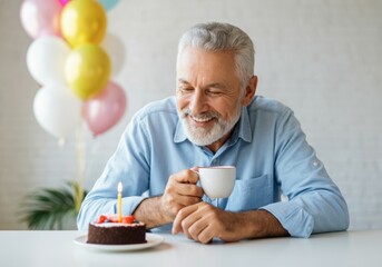 Senior man celebrating birthday with cake and coffee smiling at table